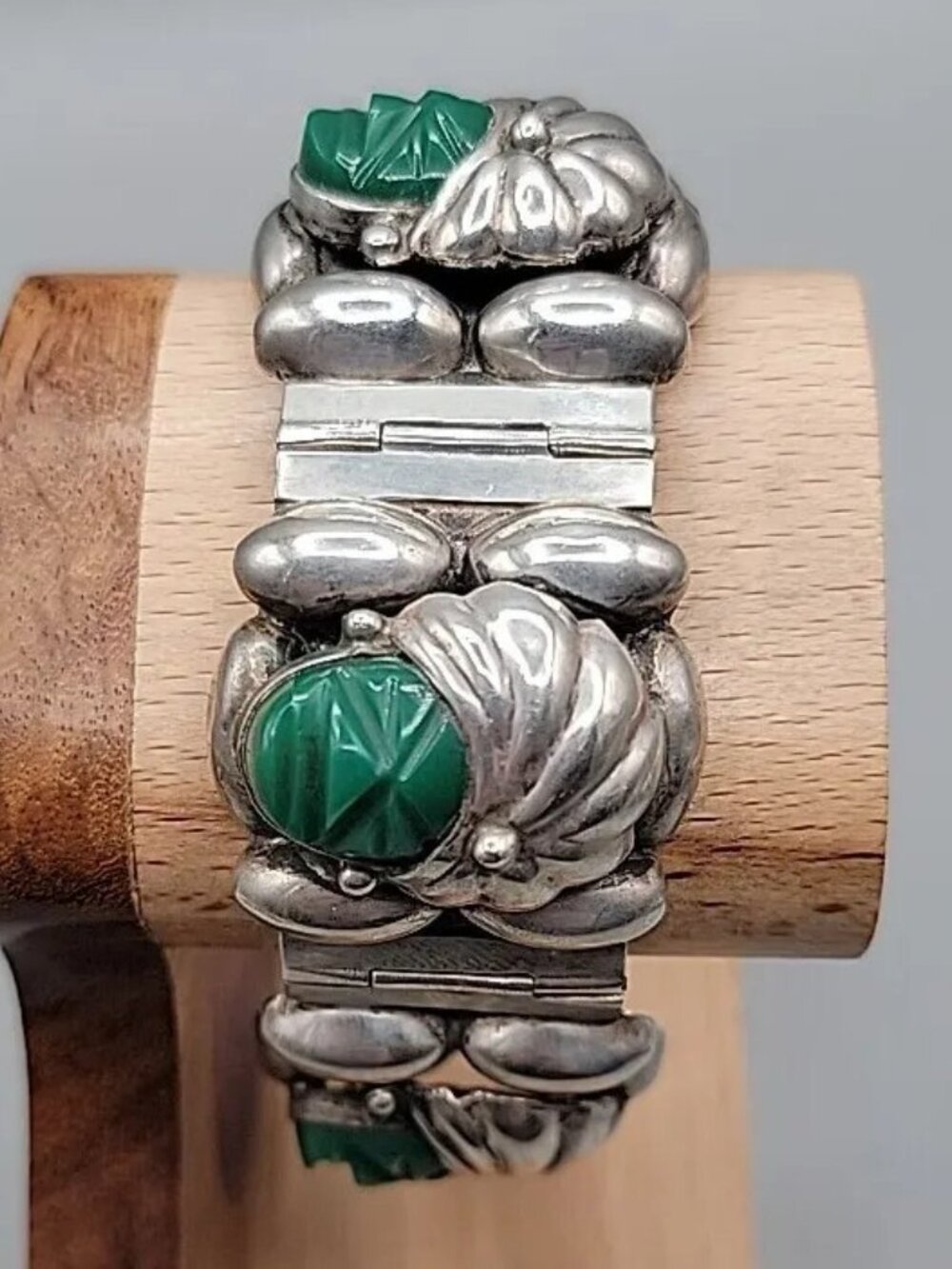 VTG Rancho Alegre Taxco 925 Green Onyx 5-Face Portrait Panel Bracelet 60.67g 7" - Picture 8 of 16